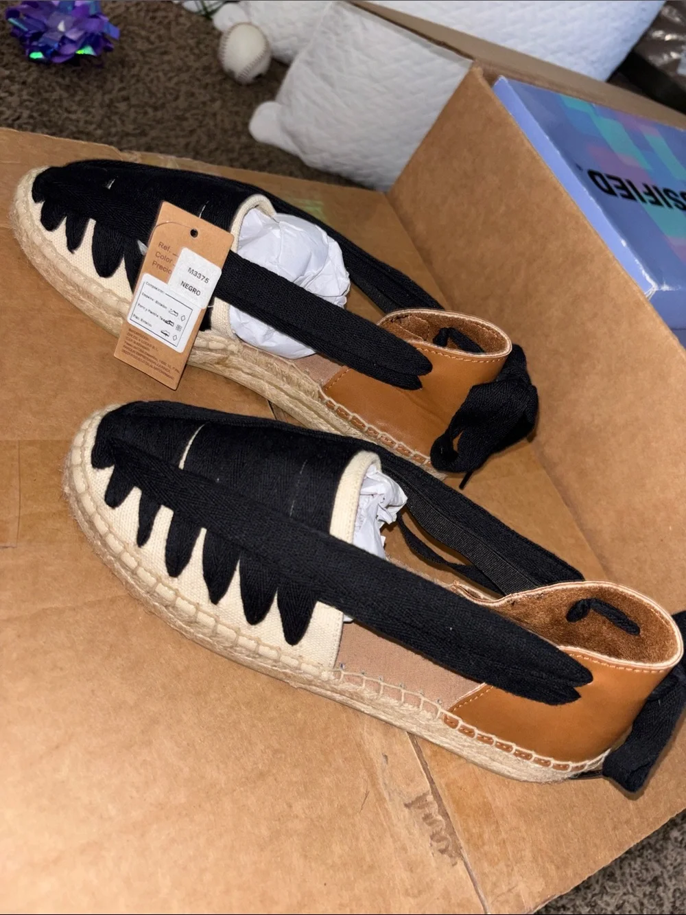 Canvas Espadrille Lace-Up Wedge in Black, Cream & Tan